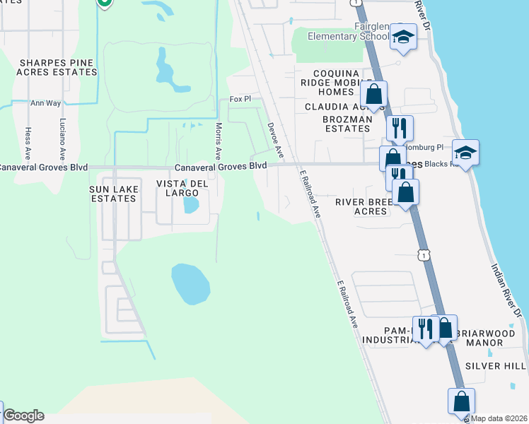 map of restaurants, bars, coffee shops, grocery stores, and more near 3926 Brown Court in Cocoa