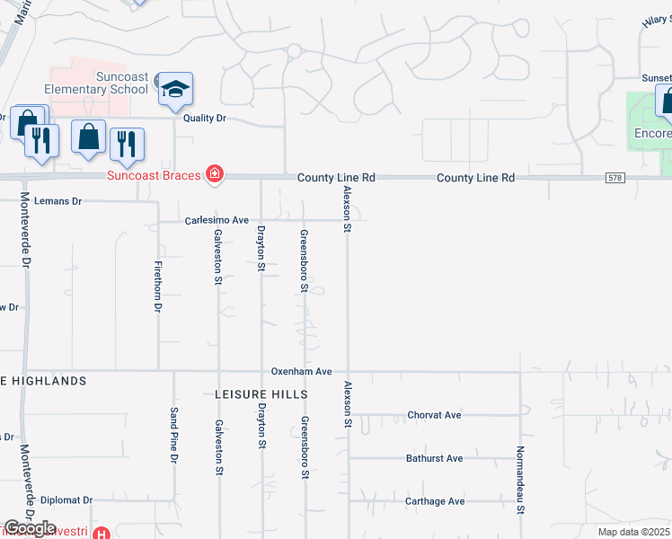 map of restaurants, bars, coffee shops, grocery stores, and more near 18703 Alexson Street in Spring Hill