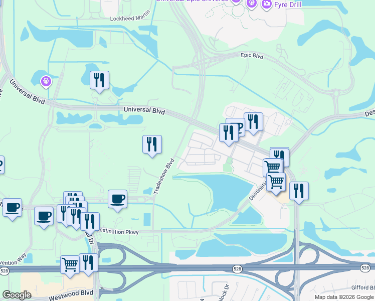map of restaurants, bars, coffee shops, grocery stores, and more near 5049 Shoreway Loop in Orlando