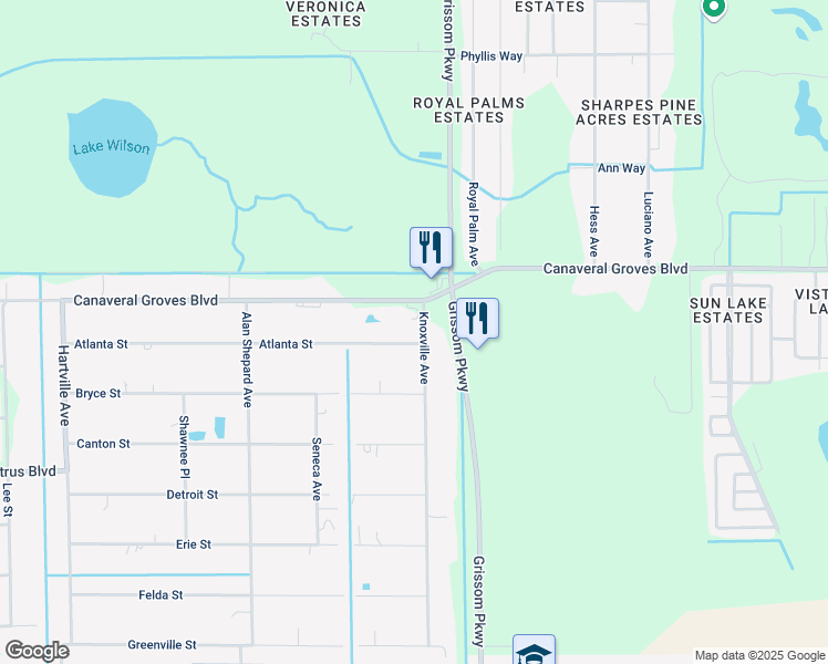 map of restaurants, bars, coffee shops, grocery stores, and more near 3200 Atlanta Street in Cocoa