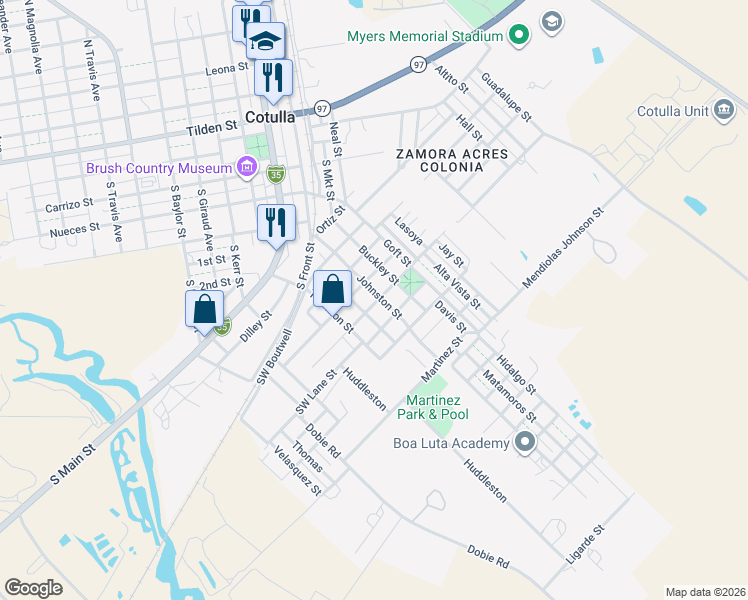 map of restaurants, bars, coffee shops, grocery stores, and more near 201 Southwest Goodwin Street in Cotulla