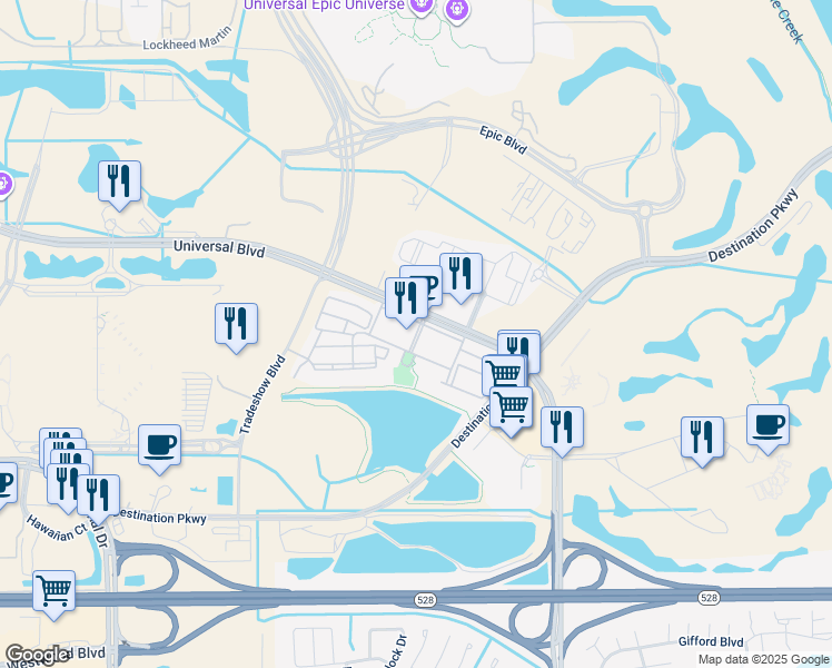 map of restaurants, bars, coffee shops, grocery stores, and more near 9702 Universal Boulevard in Orlando