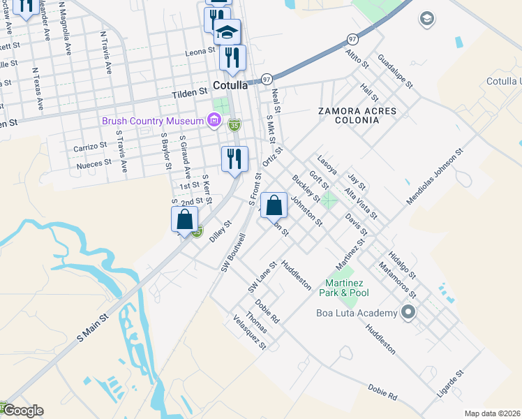 map of restaurants, bars, coffee shops, grocery stores, and more near 303 Southwest Hickey Street in Cotulla