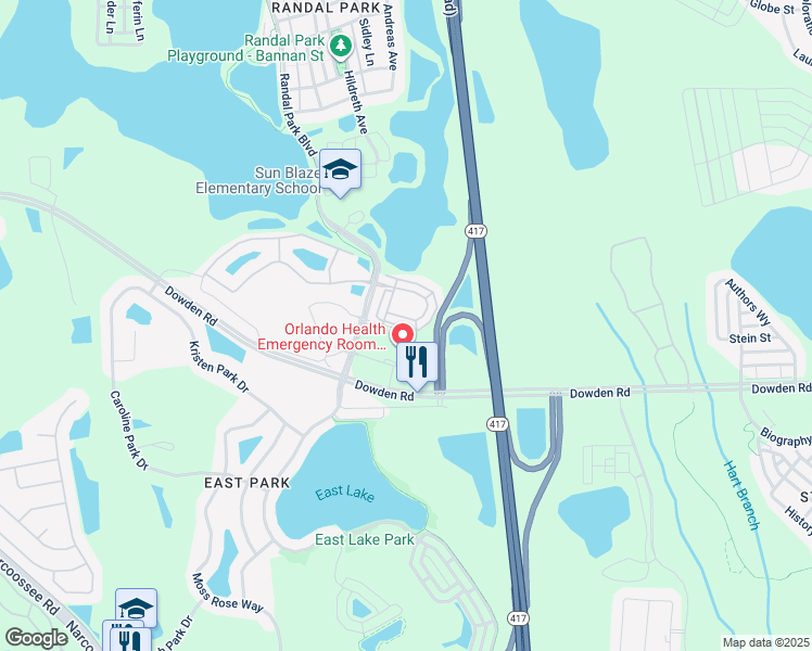 map of restaurants, bars, coffee shops, grocery stores, and more near 9469 Randal Park Boulevard in Orlando