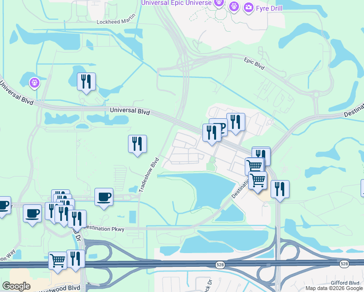 map of restaurants, bars, coffee shops, grocery stores, and more near 5049 Shoreway Loop in Orlando