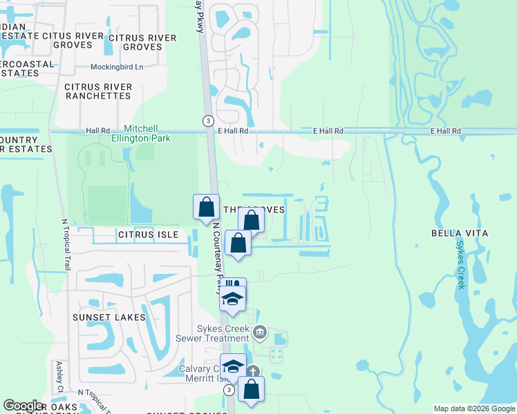 map of restaurants, bars, coffee shops, grocery stores, and more near 3997 Dundee Drive in Merritt Island