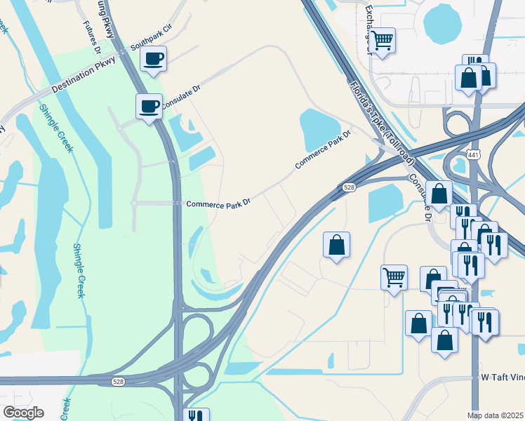 map of restaurants, bars, coffee shops, grocery stores, and more near 2616 Commerce Park Drive in Orlando