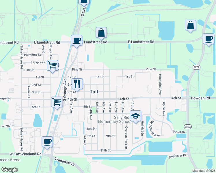 map of restaurants, bars, coffee shops, grocery stores, and more near 9322 7th Avenue in Orlando