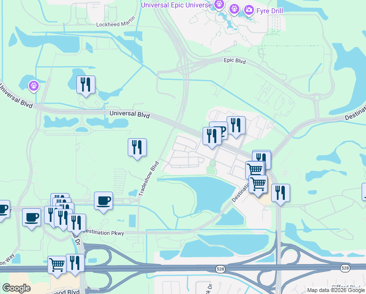 map of restaurants, bars, coffee shops, grocery stores, and more near 5003 Tideview Circle in Orlando