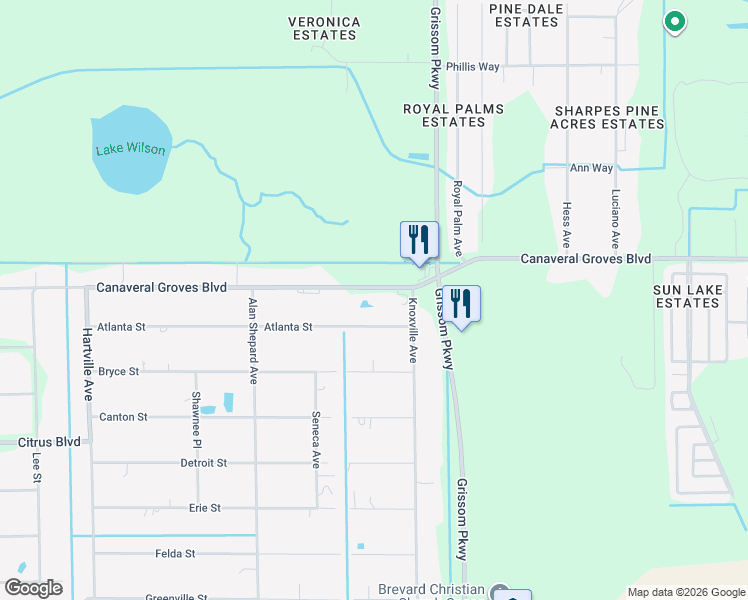 map of restaurants, bars, coffee shops, grocery stores, and more near 3280 Canaveral Groves Boulevard in Cocoa