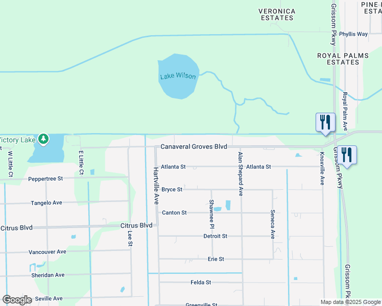 map of restaurants, bars, coffee shops, grocery stores, and more near 3700 Canaveral Groves Boulevard in Cocoa