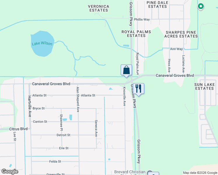 map of restaurants, bars, coffee shops, grocery stores, and more near 3280 Canaveral Groves Boulevard in Cocoa