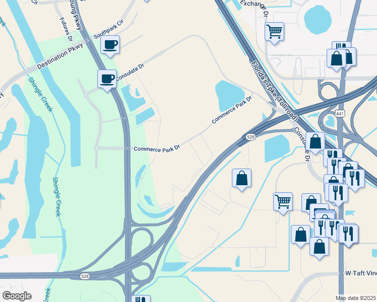 map of restaurants, bars, coffee shops, grocery stores, and more near 2616 Commerce Park Drive in Orlando