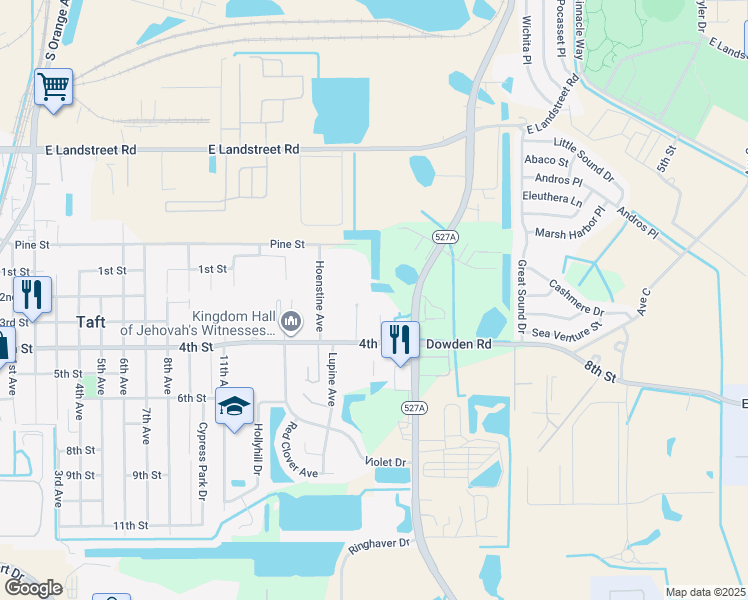 map of restaurants, bars, coffee shops, grocery stores, and more near 9200 Boggy Creek Road in Orlando