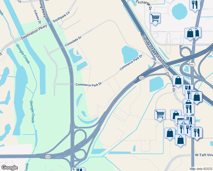 map of restaurants, bars, coffee shops, grocery stores, and more near 9400 Southridge Park Court in Orlando