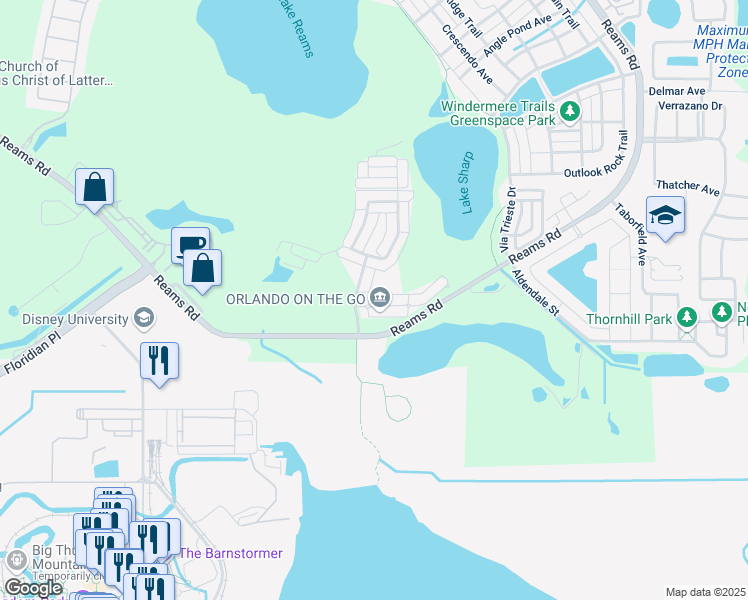 map of restaurants, bars, coffee shops, grocery stores, and more near 12551 Cruxbury Drive in Windermere