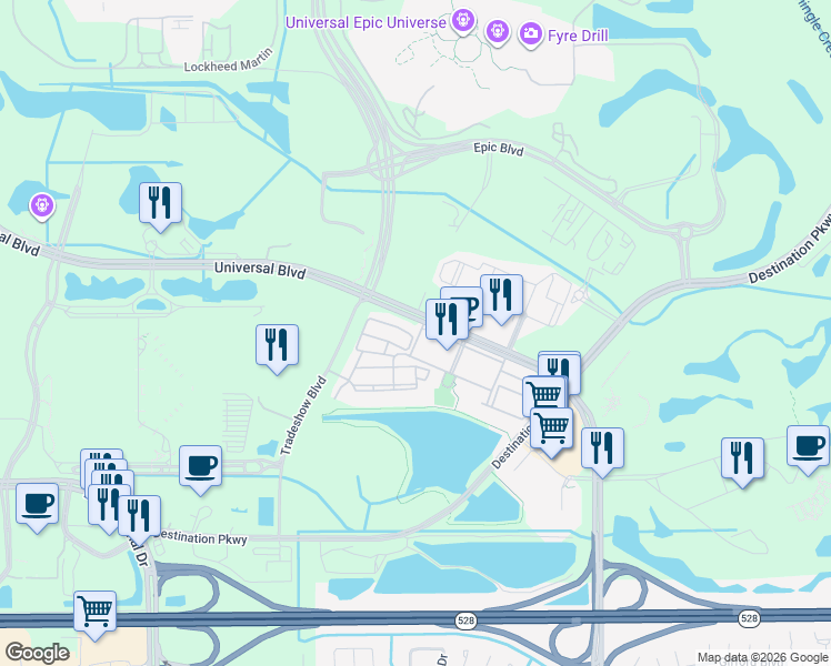 map of restaurants, bars, coffee shops, grocery stores, and more near 5038 Tideview Circle in Orlando
