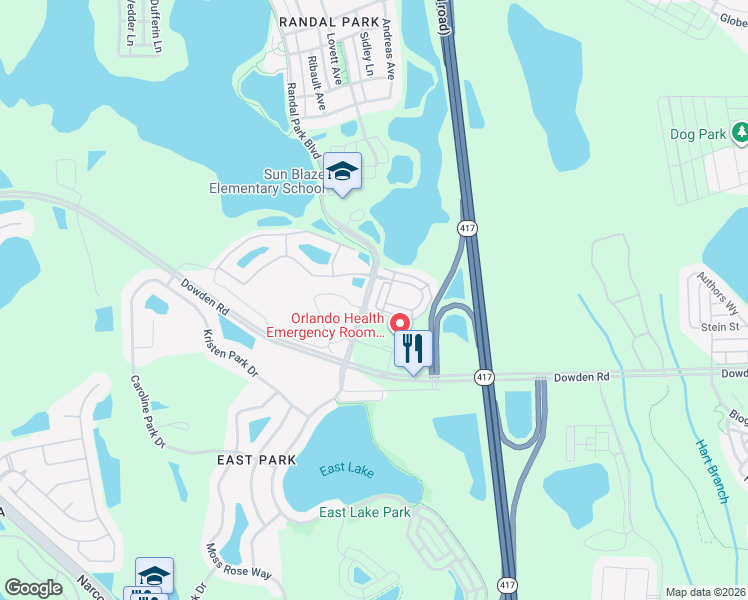 map of restaurants, bars, coffee shops, grocery stores, and more near 9333 Randal Park Boulevard in Orlando