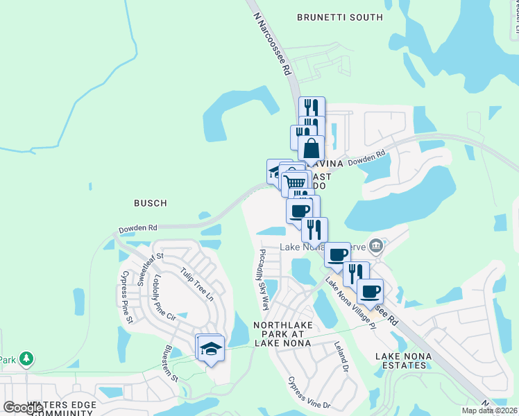 map of restaurants, bars, coffee shops, grocery stores, and more near 9040 Dowden Road in Orlando