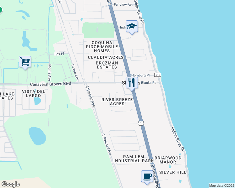 map of restaurants, bars, coffee shops, grocery stores, and more near 3936 Oak Hill Drive in Cocoa