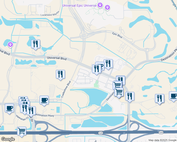 map of restaurants, bars, coffee shops, grocery stores, and more near 5038 Tideview Circle in Orlando