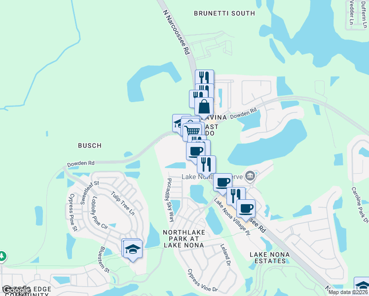 map of restaurants, bars, coffee shops, grocery stores, and more near 9100 Dowden Road in Orlando