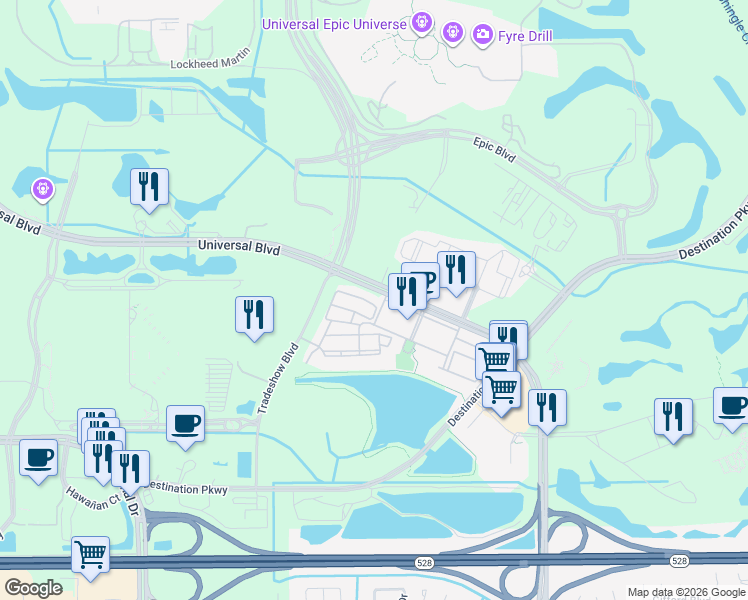 map of restaurants, bars, coffee shops, grocery stores, and more near 5038 Tideview Circle in Orlando