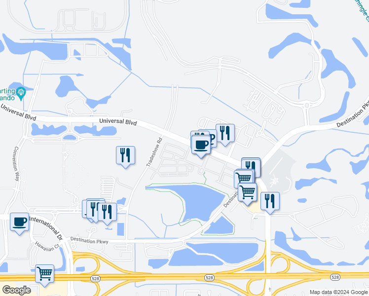 map of restaurants, bars, coffee shops, grocery stores, and more near 5038 Tideview Circle in Orlando