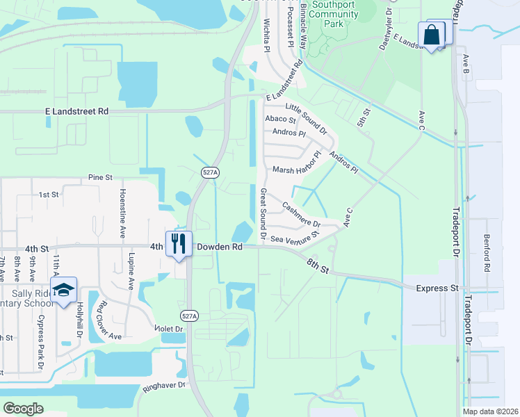 map of restaurants, bars, coffee shops, grocery stores, and more near 9160 Great Sound Drive in Orlando