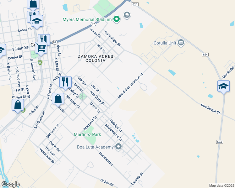 map of restaurants, bars, coffee shops, grocery stores, and more near 1477 Martinez Street in Cotulla