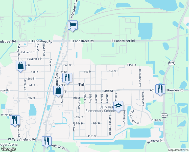 map of restaurants, bars, coffee shops, grocery stores, and more near 9322 7th Avenue in Orlando
