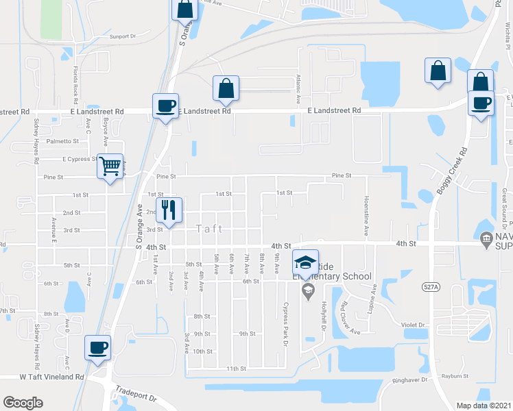 map of restaurants, bars, coffee shops, grocery stores, and more near 9325 8th Avenue in Orlando