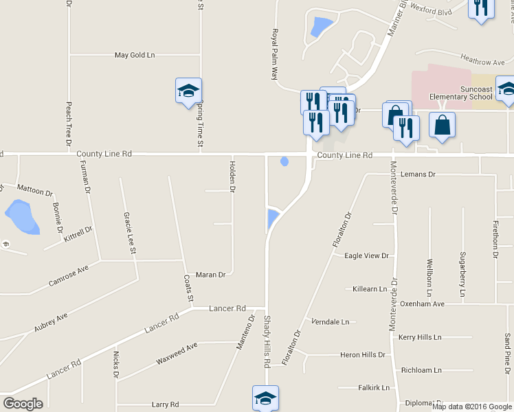 map of restaurants, bars, coffee shops, grocery stores, and more near 18807 Old Shady Hills Road in Spring Hill