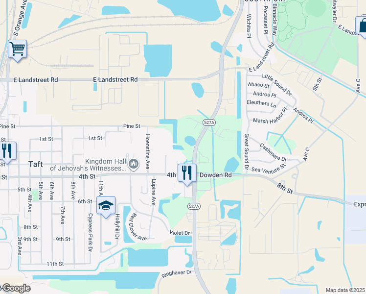map of restaurants, bars, coffee shops, grocery stores, and more near 9200 Boggy Creek Road in Orlando