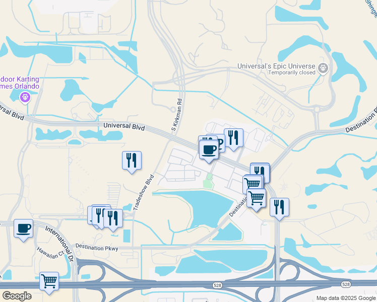 map of restaurants, bars, coffee shops, grocery stores, and more near 5026 Tideview Circle in Orlando