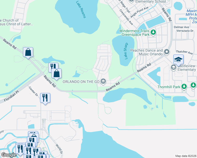 map of restaurants, bars, coffee shops, grocery stores, and more near 8879 Newmarket Drive in Windermere
