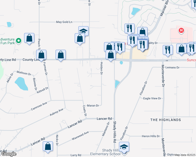map of restaurants, bars, coffee shops, grocery stores, and more near 18815 Holden Drive in Spring Hill