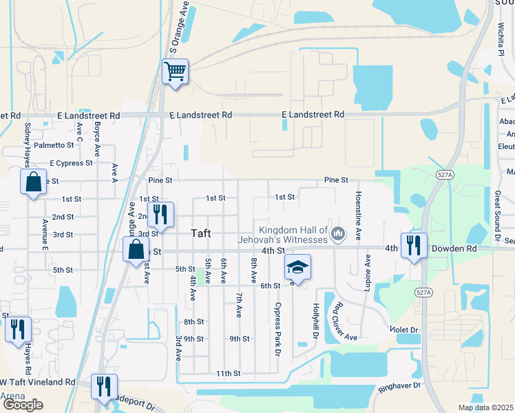 map of restaurants, bars, coffee shops, grocery stores, and more near 9325 8th Avenue in Orlando