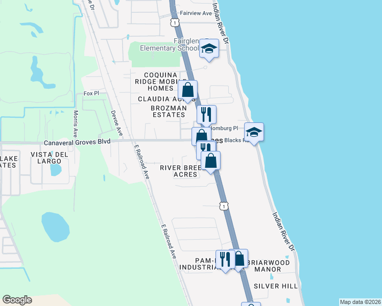 map of restaurants, bars, coffee shops, grocery stores, and more near 3936 Oak Hill Drive in Cocoa