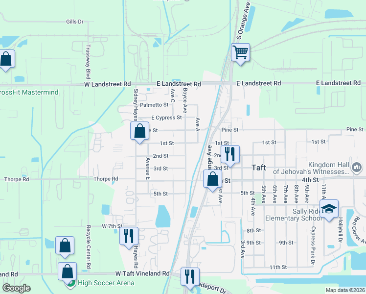 map of restaurants, bars, coffee shops, grocery stores, and more near 425 2nd Street in Orlando