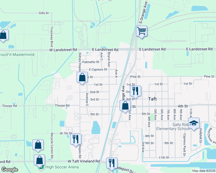 map of restaurants, bars, coffee shops, grocery stores, and more near 425 2nd Street in Orlando