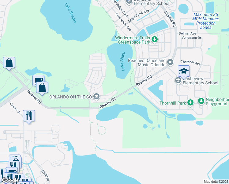 map of restaurants, bars, coffee shops, grocery stores, and more near 12351 Cruxbury Drive in Windermere
