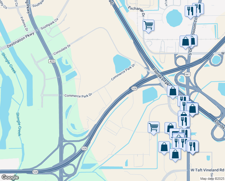 map of restaurants, bars, coffee shops, grocery stores, and more near 9401 Southridge Park Court in Orlando