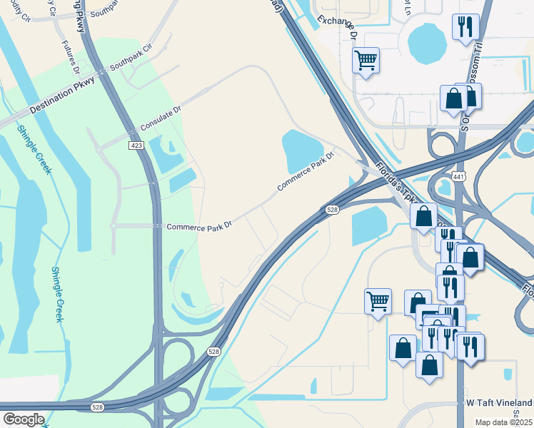 map of restaurants, bars, coffee shops, grocery stores, and more near Southridge Park Court in Orlando