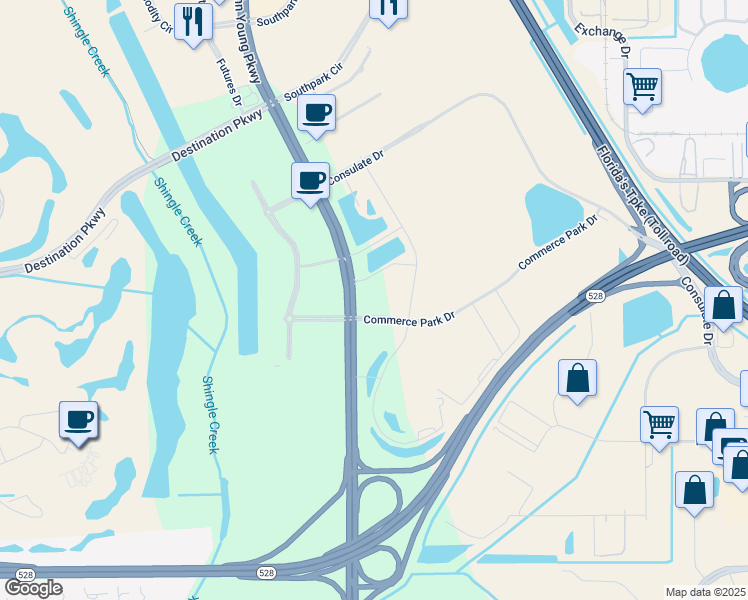 map of restaurants, bars, coffee shops, grocery stores, and more near 9395 South John Young Parkway in Orlando