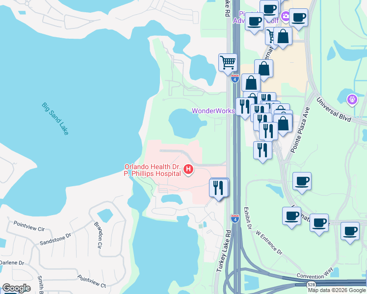 map of restaurants, bars, coffee shops, grocery stores, and more near 7351 Sand Lake Commons Boulevard in Orlando