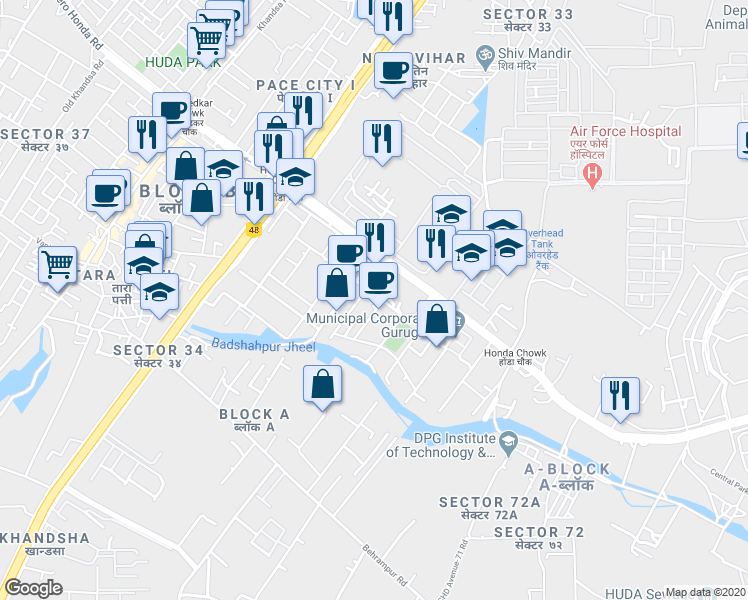 map of restaurants, bars, coffee shops, grocery stores, and more near in Gurugram