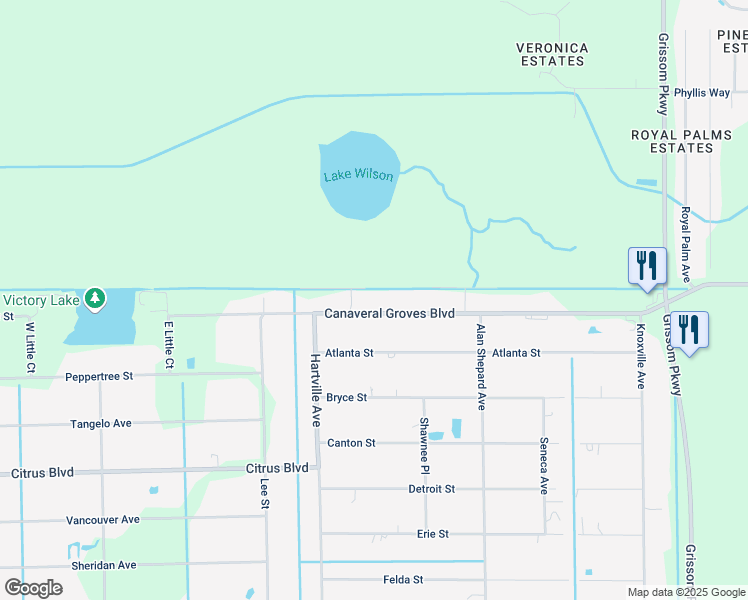 map of restaurants, bars, coffee shops, grocery stores, and more near 3700 Canaveral Groves Boulevard in Cocoa