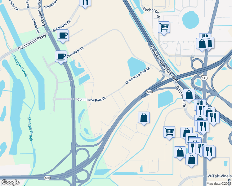 map of restaurants, bars, coffee shops, grocery stores, and more near 9400 Southridge Park Court in Orlando