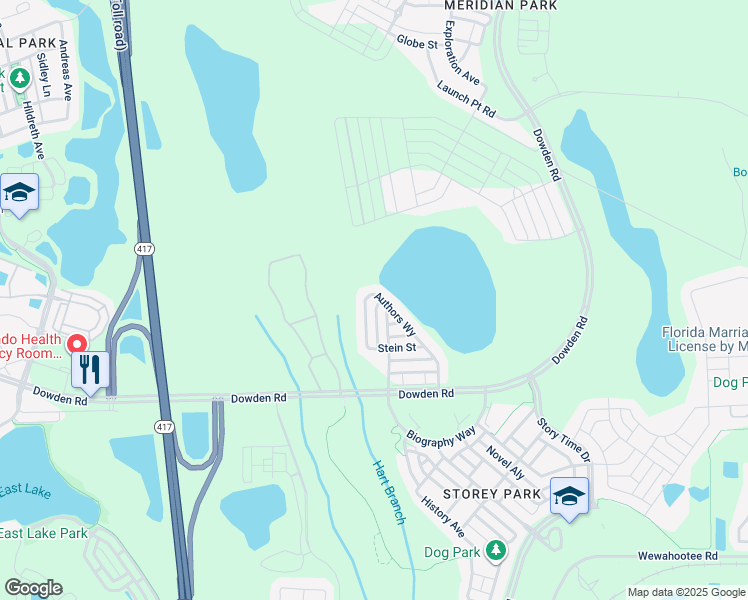 map of restaurants, bars, coffee shops, grocery stores, and more near 10220 Authors Way in Orlando